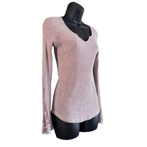 American Age Light Pink Acid Wash Waffle Knit Long Sleeve Lace Trim Shirt Sz S